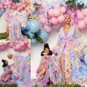 Färgglada Tulle Sleepwear Robes Maternity Women Rainbow Bridal Ruffles Gravid kvinna Photoshoot Klänning Långärmad Sheer Party Gowns