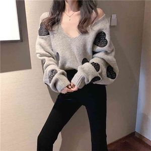 Zima Ciepły Oversize Sweter Kobiety Z Długim Rękawem Kobiet Luźne Dorywczo V-Neck Moda Dzianiny Pulowers Dziewczyny 210601