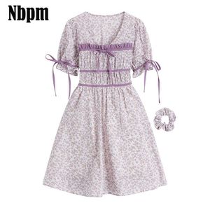 Purple Floral Belt Puff Sleeve Female Dresses Bow Summer Sundresses Elegant Fashion Vintage Dress Casual Clothing Sweet 210529