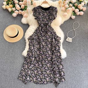 Bohemian Mulheres Chiffon Chiffon Vestido Longo Verão Elegante Redondo Neck Sem Mangas Sem Mangas Cintura Alta Mangas Vestidos Praia Feminina Robe Y0603