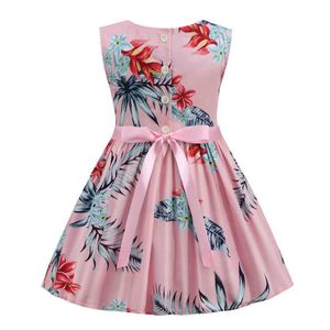 Children Dresses Kids Girl Sleeveless Flower Print Belt Cotton and Linen Floral Dress Baby Girl Spring Summer Dresses for Girls Q0716