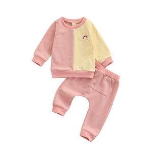 Wholesale baby sweatshirt pattern for sale - Group buy Clothing Sets Autumn Born Baby Girls Outfits Color Block Rainbow Pattern Long Sleeve O Neck Sweatshirt Solid Pants