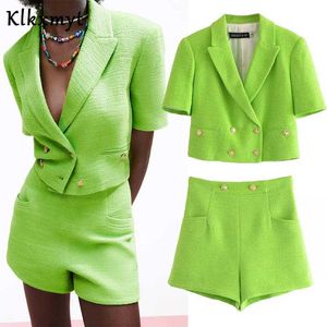 KLKXMYT ZA Iki Parçalı Setleri Kadın Takım Elbise Moda Dokulu Kırpılmış Blazer Coat + Yüksek Belli Şort Set Metal Düğmeler 210527