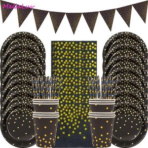 Tek kullanımlık yemek takımı bronz Siyah Dotlar Sofra Seti Banner Masa Deckloth Kağıt Bardağı Doğum Günü Düğün Dekorasyonu