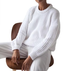 Suéteres femininos Mulheres de manga comprida suéter de malha de malha o-pescoço de cor sólida cor lúpalha solta 449b