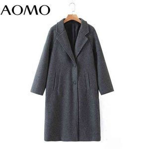 Aomo Kobiety Zima Szary Gruby Wełniane Płaszcze z Button Loose Długie Rękawy Pocket Ladies Elegancki płaszcz 2Z18A 211118