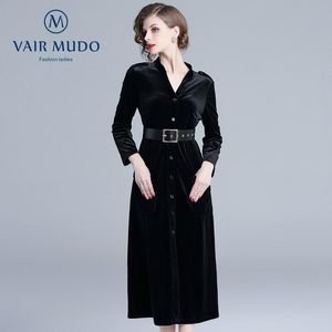 Casual Kleider Frauen Herbst Winter Mode Elegante Kleid Weibliche Samt Lange ärmeln Midi Rock Schwarz Arbeiter Teil Y-439