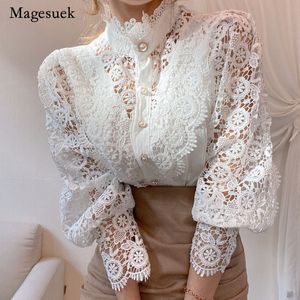 Petal Sleeve Stand Collar Hollow Out Flower Lace Patchwork Shirt Femme Blusas All-match Women Blouse Chic Button White Top 12419 210301