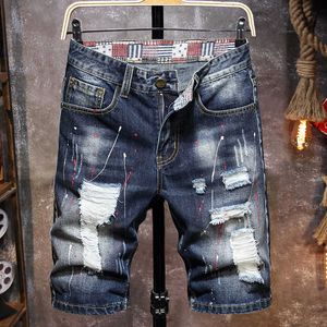 Jeans corti strappati Graffiti da uomo Moda estiva Casual Slim Big Hole Pantaloncini di jeans stile retrò Abbigliamento maschile di marca 210714