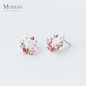 Original varumärke runda rosa blomma zircon stud örhängen mode charm äkta 925 sterling silver fin smycken koreanska gåva 210707