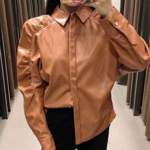 Женщины из искусственной кожаной рубашки осень мода коричневый цвет современной леди повседневная топ 210602