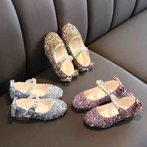 Sequin Girls Princess Shoos Bow Pearl Crystal Oifs Ship Spring Осень Студенческая сцена Сияющая танцевальная обувь для девочек Дети 210713