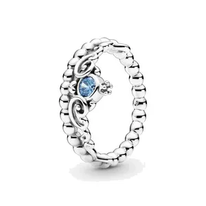 Fine jewelry Authentic 925 Sterling Silver Ring Fit Pandora Charm Princess Blue Tiara Engagement DIY Wedding Rings