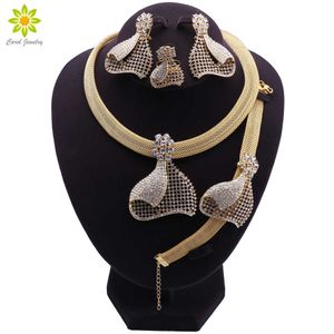 Indien Guldfärg Halsband Örhängen Ringarmband för kvinnor Present African Bridal Wedding Gifts Crystal Smycken Sets H1022