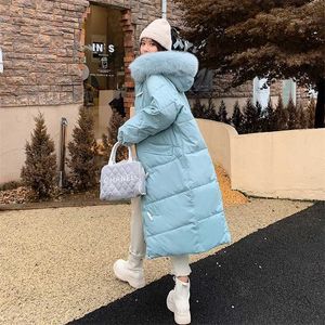 Giacca lunga inverno calore da donna e spessa down cotone grande collare in pelliccia parka cappotto donne coreano casual allentato 211018