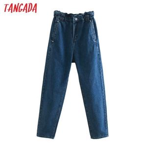 Tangada fashion women loose harm jeans pants long trousers strethy waist pockets buttons female denim pants 4M61 210609