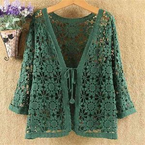 Sexy Hollow Lace Sunscreen Cardigan Sweater Women Wide Loose Air Conditioning Knitted Sweater Thin Section Female Spring Autumn 210806