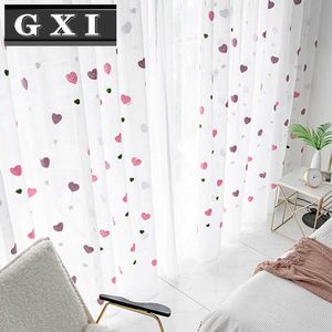 GXI Sweet Pink Heart Voile Curtain For Living Room Kids Girls Bedroom Cartoon Embroidered Cortinas Tulle Window Panel 210712