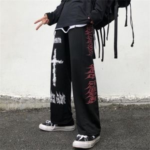 Houzhou punk bred byxa gotisk hajuku graffiti anime print streetwear koreanska mode lösa byxor för kvinnlig 210915