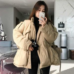 Korea Women Winter Thick Solid Cotton Parka Drawstring Slim Waist Overcoat Oversize Coat Jacket Zipper Outerwear with Pocket 211011