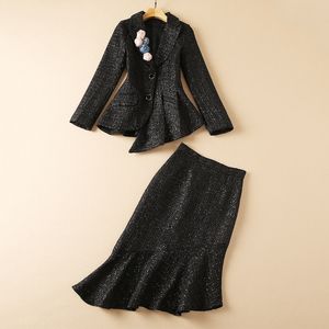 2021 Herbst Herbst Langarm Revers Revers Glitzer Schwarz Einfarbig 3D Blumen Pailletten Tweed Mantel + asymmetrischer Rock Zweiteilige Anzüge 2-teiliges Set 21O110923