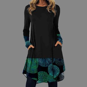 Damen Midi-Kleid, westliches ethnisches Boho-Kleid, unregelmäßige lässige Langarm-Kleider für Frauen mit Tasche, Vintage-Druck, Vestido Y1204