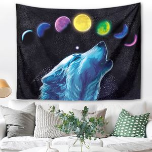 Black Wolf Moon Print Wandteppiche Home Schlafzimmer Dekorative Kunst Wand Hängende Tapisserei Wohnzimmer Schlafzimmer Yoga Matte