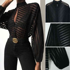 Sexiga svarta kvinnor mesh sheer blouses damer långärmad randig front ihålig out transparent skjortor blusas mujer camisas h1230