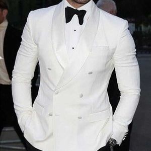 Podwójne breasted White Wedding Tuxedo 2 sztuka Slim Fit Men Garnitury z czarnymi spodniami 2020 Prom Męski Moda Groom Costume Kurtka X0909