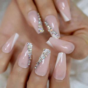 False Nails Trapezoid French Nail Crystal Ab Shine Decorative False Nails Long Ballerina Rhinestones Press on Fingernail 220225