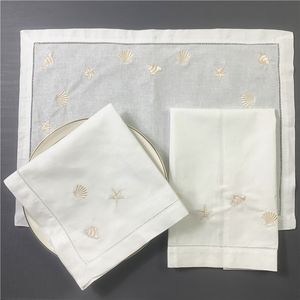 Home Textiles Set of 12 white Hemstitched linen Table Napkins/ Placemats/Guest Towels Embroidered Neptune/Conch/shell/3 Specifications /Home decoration