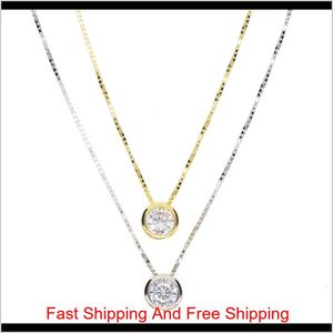 2018 Senaste Single Stone Necklace Fine Delicate Box Chain 925 Sterling Silver Bezel 5mm Sparking Cubic Zirconia Simple Jewelry Gluis Ntscl