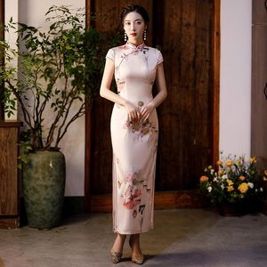Etnisk Kläder Vintage Slim Satin Kvinna Lång Qipao Sexig Blommig Tryckt Mandarin Krage Evening Cheongsams Oriental Kinesisk Klänning Formell Gå