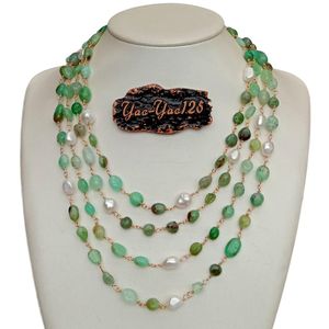 YYGEM 4 Strands Natural Green Chrysoprase Freeform Cultured White Baroque Pearl Wrap Halsband 19 