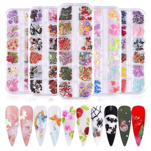 12 Células / Conjunto Prego Madeira Celulose Chips Borboleta Rosas Coloridas Flores Santa Natal Chapéu Xmas Halloween 3D Nails Art Lantejoulas