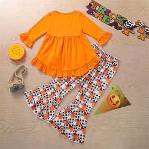 Kids Clothing Sets Girls Halloween Christmas Outfits Children Ruffle Dress Tops+Pumpkin Xmas Flared Pants 2pcs/set Spring Autumn 1772 B3