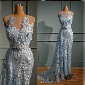 Sky Blue Flora Appliques Prom Transe Transe Transkes Чистая вырека без рукавов Русалка вечерние платья с бисером ремень развертки