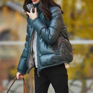 Women's Short Cotton-padded Jacket Shiny Cotton Down Padded Pocket Keep Warm Korean Style Loose Stand Collar Thick Coat 211013