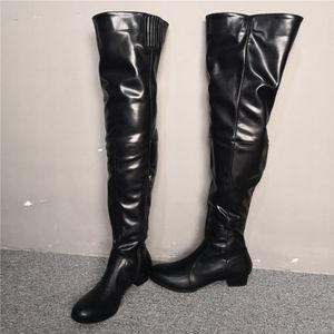 Handgefertigte echte Bilder, große Damen-Stiefel mit Blockabsatz, schwarzes Kunstleder, sexy Overknee-Booties, Abendclub, Party, Abschlussball, modische Winterschuhe D712