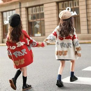 Girls Sweater Cardigan Winter Childrens Christmas Knitted Outerwear Warm Kids Loose Casual Sweaters 12 13 14 Years Girl Clothes 211106