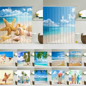 3d Beach Scenery Shower Curtains Sea Ocean Mediterranean Bathroom Curtain Waterproof Cloth Decoration 180*240cm Bath Curtain 211115