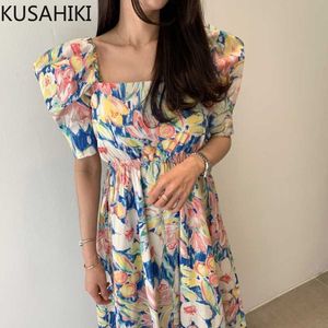 Korean Chic Square Collar Puff Sleeve Dresses Hollow-out Slim Waist Elegant Vestidos Causal A-line Woman Dress 6H399 210603