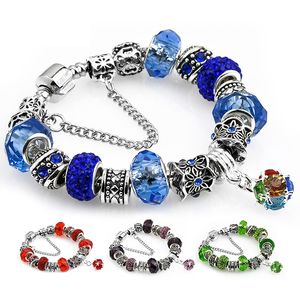 Europeisk stil Crystal Charm Armband Vintage Koppar Silver Plated Blue Purple Red Lampwork Beads Wrist Armband 17-21cm grossist