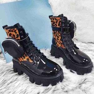Designer Kvinnor Rois Boots Fashion Black Nylon Kort Martin Bottes Femmes Leopard Real Leather Winter Platform Booties med påsar