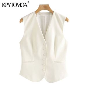 KPYTOMOA Women Fashion Office Wear Button-Up Monterad Waistcoat Vintage V Neck Ärmlös Kvinna Vest Ytterkläder Chic Toppar 211120