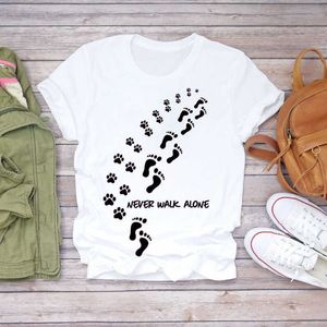 Kadın T-Shirt Köpek Kedi Pençe Mektubu Tatlı 90 S Baskı Hayvan Bayanlar Baskı Lady Bayan Grafik T Üst Gömlek Kadın Tee T-shirt X0527