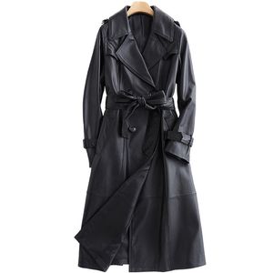 Lautaro Long Black Leather Trench Coat för Kvinnor Långärmad Bälte Lapel Women Fashion Luxury Spring British Style OuterWear 211007