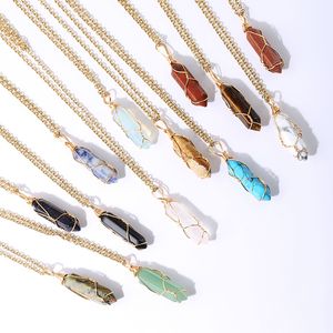 Gold Color Reiki Healing Crystal Stone Pendant Chakra Rose Opal Tiger eye Choker Necklaces Wholesale Energy Pendants Crystal Necklace Jewelry