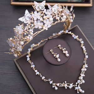 Luxury Crystal Beads Pearl Butterfly Costume Jewelry Sets Floral Choker Necklace Earrings Tiara Wedding Jewelry Set 210706