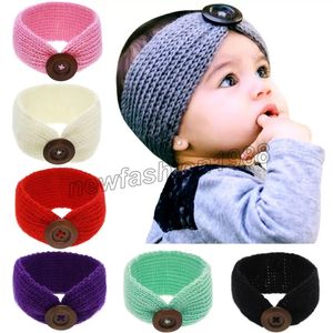Baby Girls Wool Crochet Headband Hair Accessories Knit Hairband With Button Decor Winter Newborn Infant Ear Warmer Head Headwrap 14 Colors
